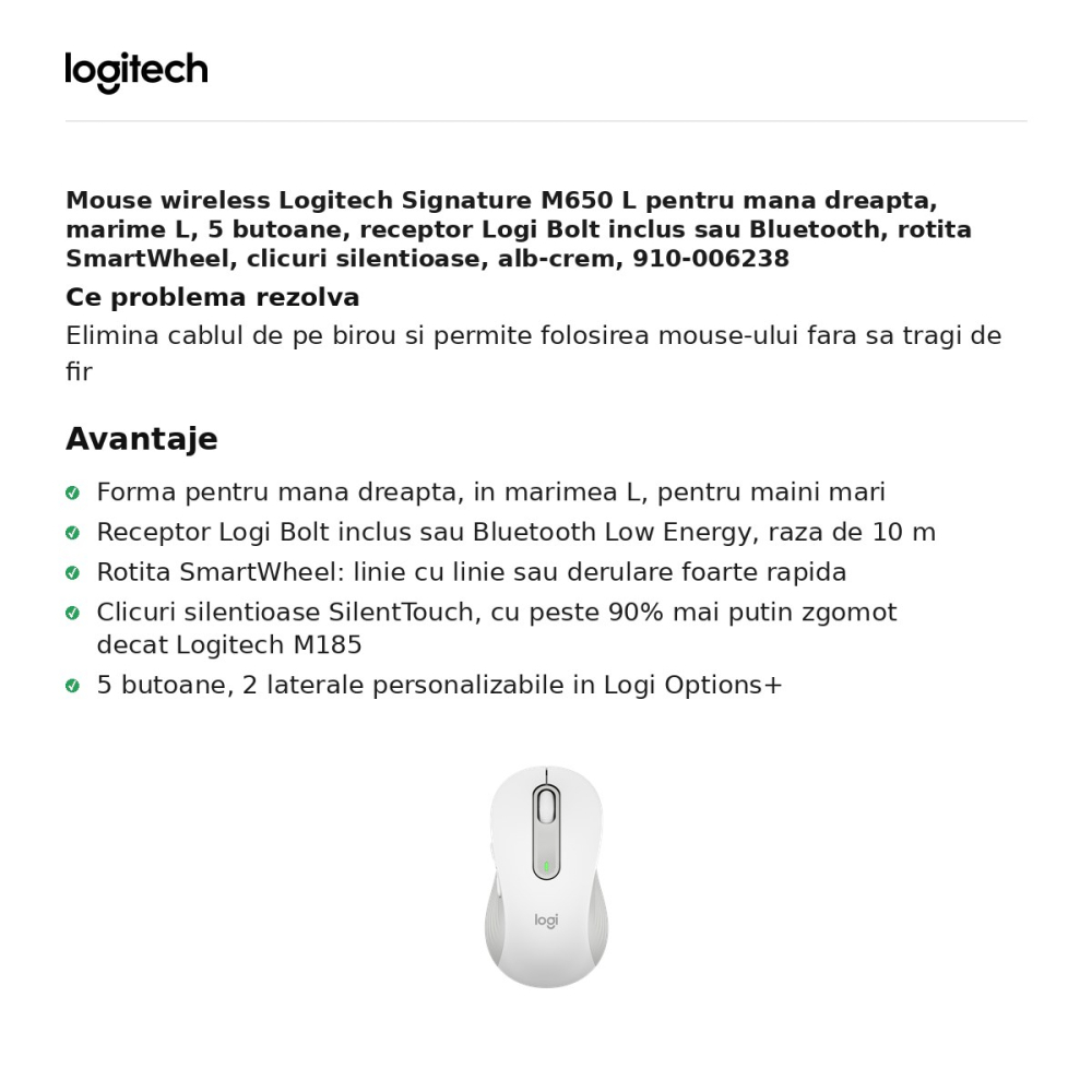 Mouse wireless Logitech Signature M650 L pentru mana dreapta, marime L, 5 butoane, receptor Logi Bolt inclus sau Bluetooth, rotita SmartWheel, clicuri silentioase, alb-crem, 910-006238 [2]