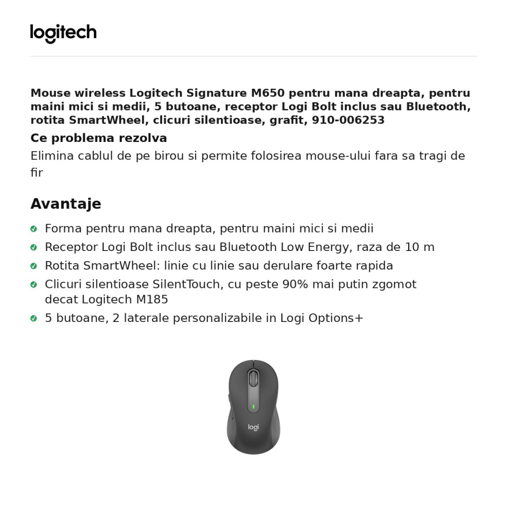 Mouse wireless Logitech Signature M650 pentru mana dreapta, pentru maini mici si medii, 5 butoane, receptor Logi Bolt inclus sau Bluetooth, rotita SmartWheel, clicuri silentioase, grafit, 910-006253 [2]