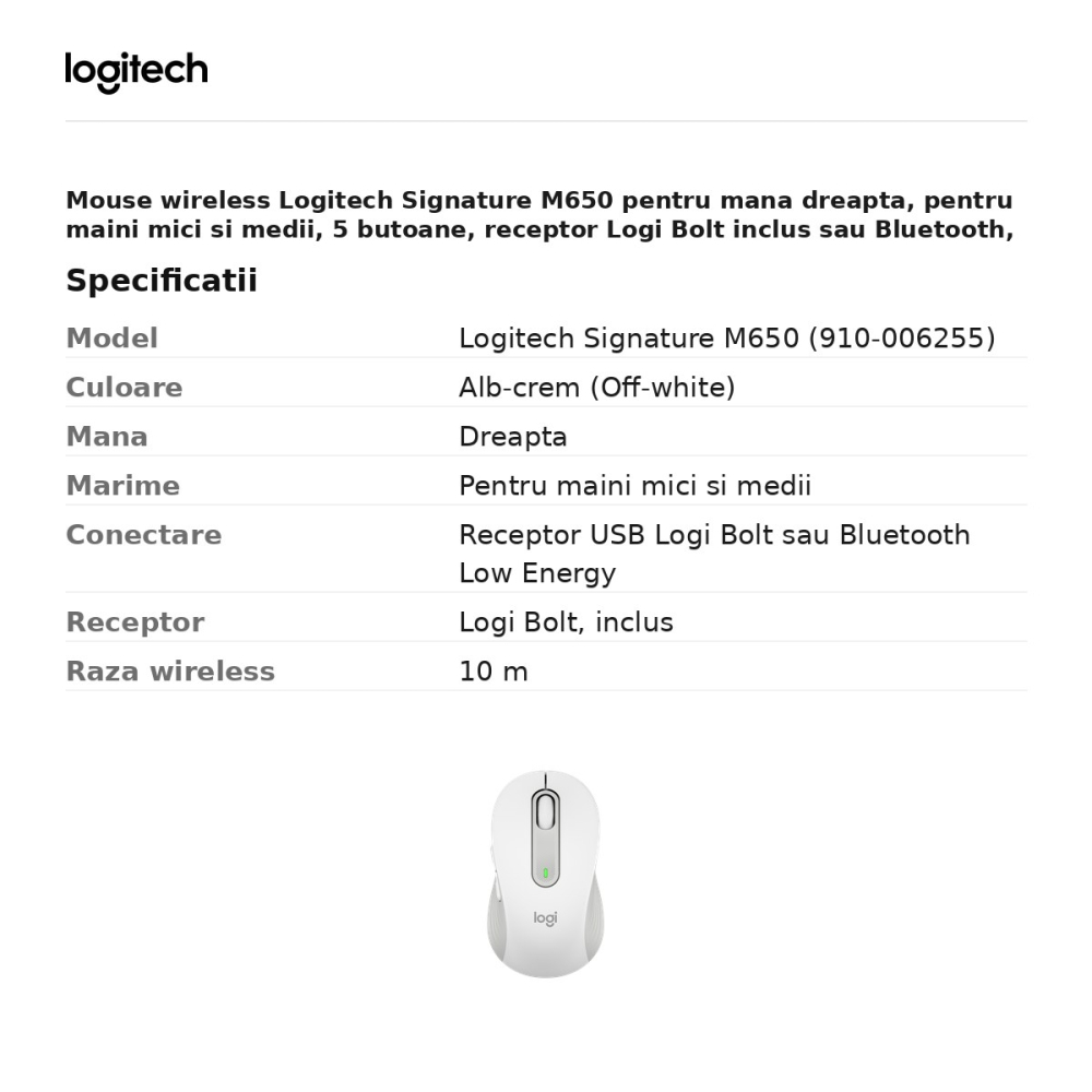 Mouse wireless Logitech Signature M650 pentru mana dreapta, pentru maini mici si medii, 5 butoane, receptor Logi Bolt inclus sau Bluetooth, rotita SmartWheel, clicuri silentioase, alb-crem, 910-006255 [3]