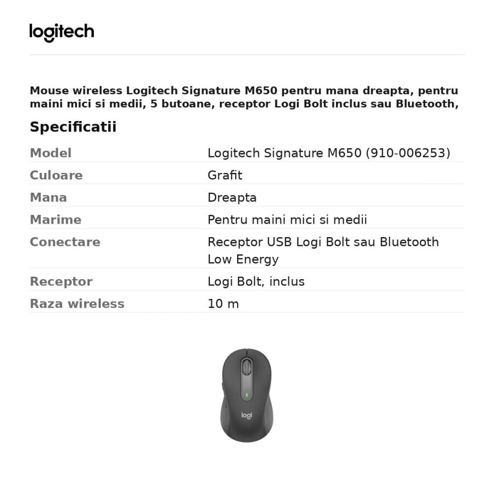 Mouse wireless Logitech Signature M650 pentru mana dreapta, pentru maini mici si medii, 5 butoane, receptor Logi Bolt inclus sau Bluetooth, rotita SmartWheel, clicuri silentioase, grafit, 910-006253 [3]