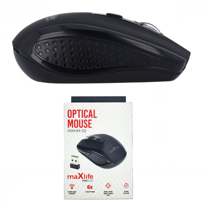 Mouse Wireless Maxlife Home Office MXHM-02, 800/1200/1600 DPI, 6 butoane, dimensiuni 98 x 58 x 35mm, negru [2]