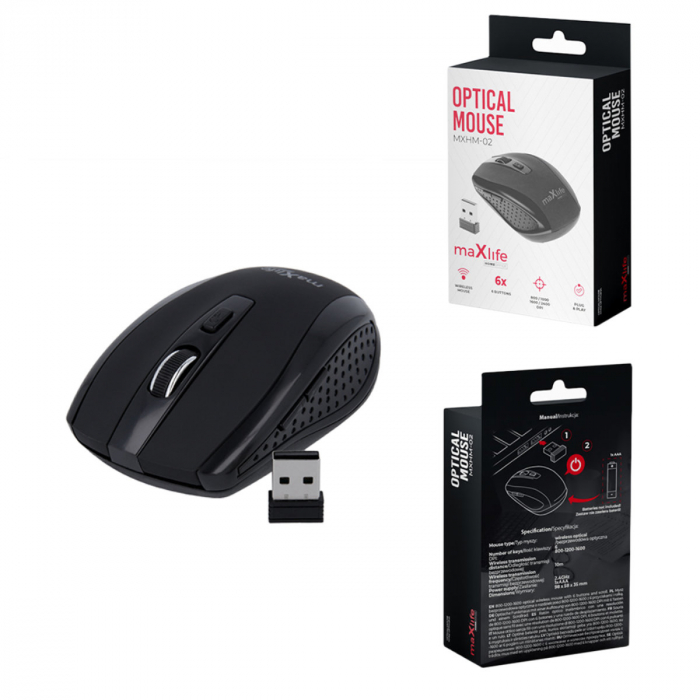 Mouse Wireless Maxlife Home Office MXHM-02, 800/1200/1600 DPI, 6 butoane, dimensiuni 98 x 58 x 35mm, negru [5]