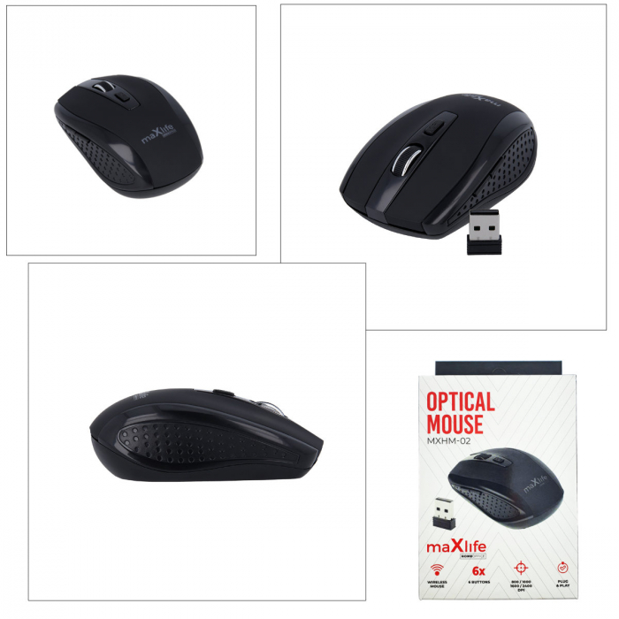 Mouse Wireless Maxlife Home Office MXHM-02, 800/1200/1600 DPI, 6 butoane, dimensiuni 98 x 58 x 35mm, negru [4]