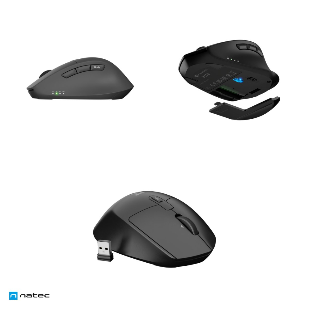 Mouse wireless Natec Kite, 2.4 GHz si Bluetooth 5.0, 3 dispozitive, senzor Blue Sense 4000 DPI care merge si pe sticla, 9 butoane, clicuri silentioase, scroll orizontal, negru, NMY-2347 [5]
