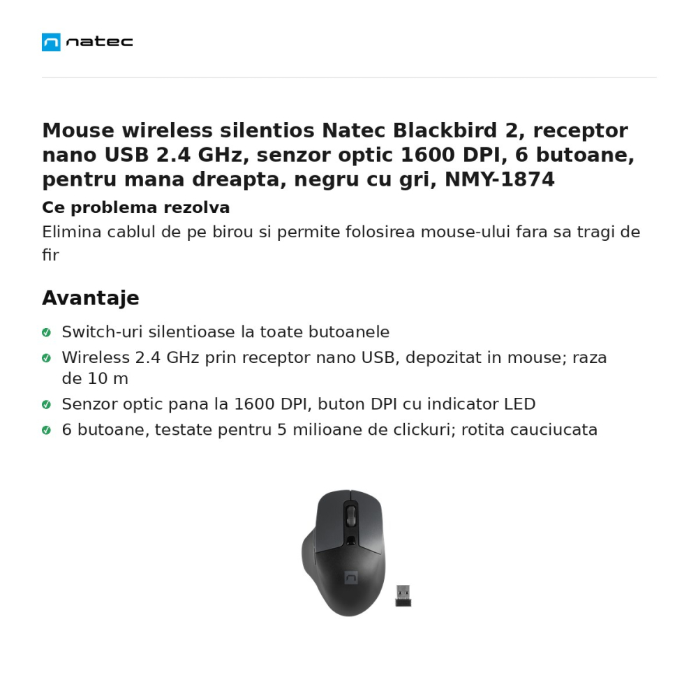 Mouse wireless silentios Natec Blackbird 2, receptor nano USB 2.4 GHz, senzor optic 1600 DPI, 6 butoane, pentru mana dreapta, negru cu gri, NMY-1874 [2]