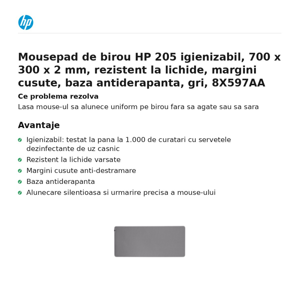 Mousepad de birou HP 205 igienizabil, 700 x 300 x 2 mm, rezistent la lichide, margini cusute, baza antiderapanta, gri, 8X597AA [2]