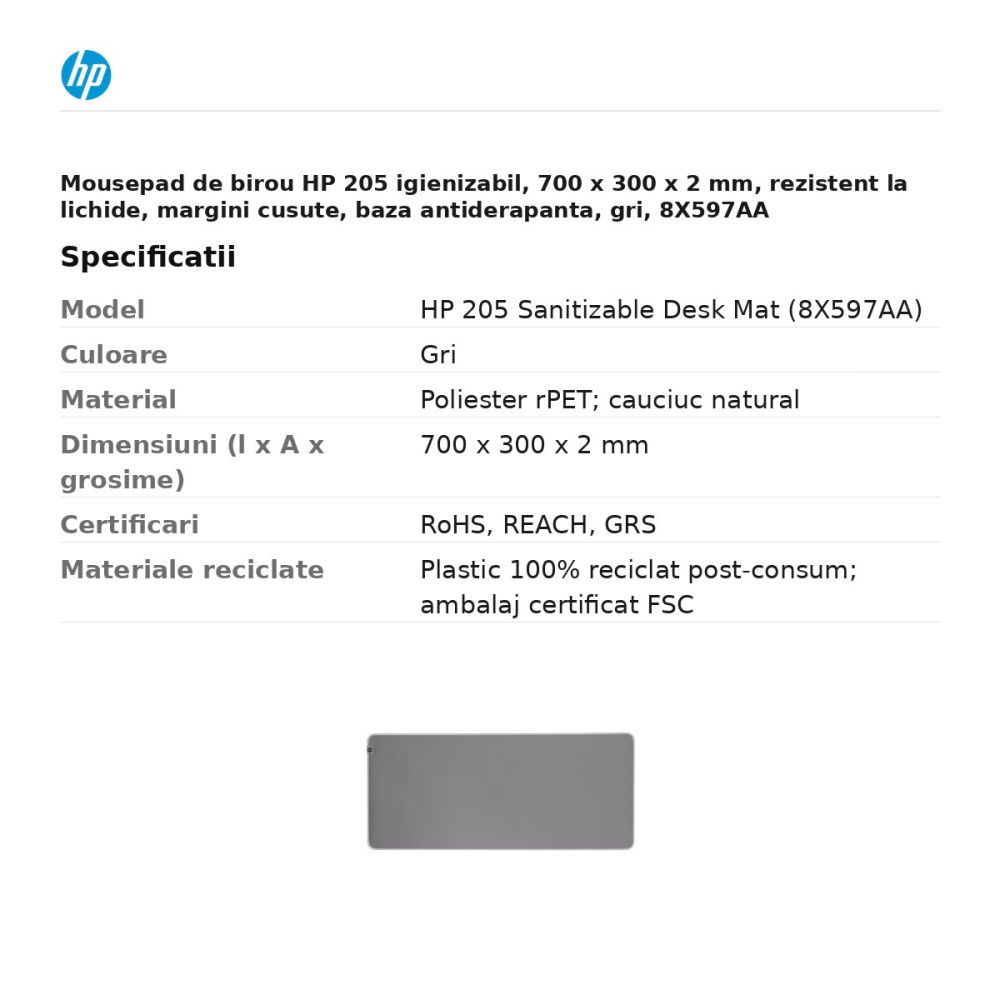 Mousepad de birou HP 205 igienizabil, 700 x 300 x 2 mm, rezistent la lichide, margini cusute, baza antiderapanta, gri, 8X597AA [3]