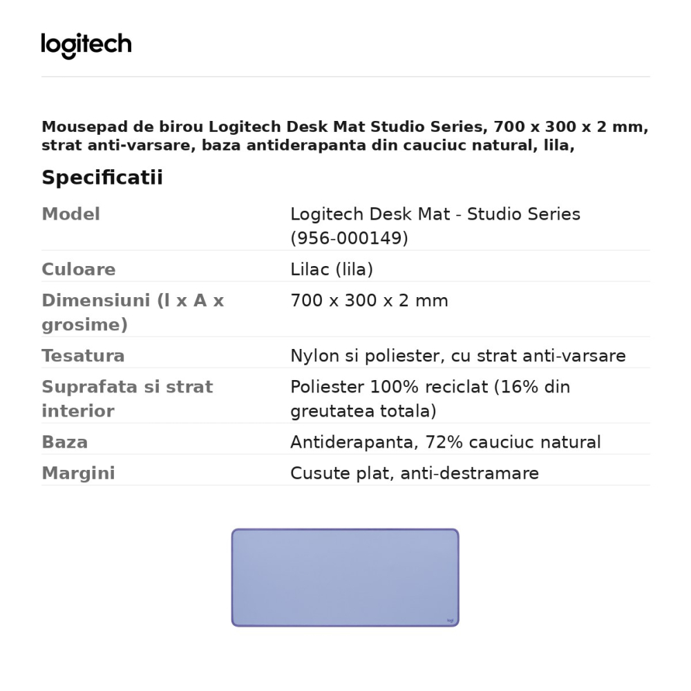 Mousepad de birou Logitech Desk Mat Studio Series, 700 x 300 x 2 mm, strat anti-varsare, baza antiderapanta din cauciuc natural, lila, 956-000149 [3]