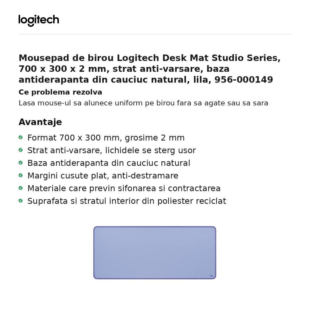 Mousepad de birou Logitech Desk Mat Studio Series, 700 x 300 x 2 mm, strat anti-varsare, baza antiderapanta din cauciuc natural, lila, 956-000149 [2]