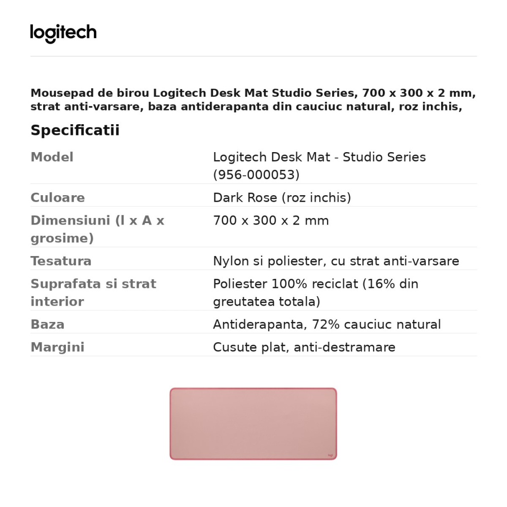 Mousepad de birou Logitech Desk Mat Studio Series, 700 x 300 x 2 mm, strat anti-varsare, baza antiderapanta din cauciuc natural, roz inchis, 956-000053 [3]