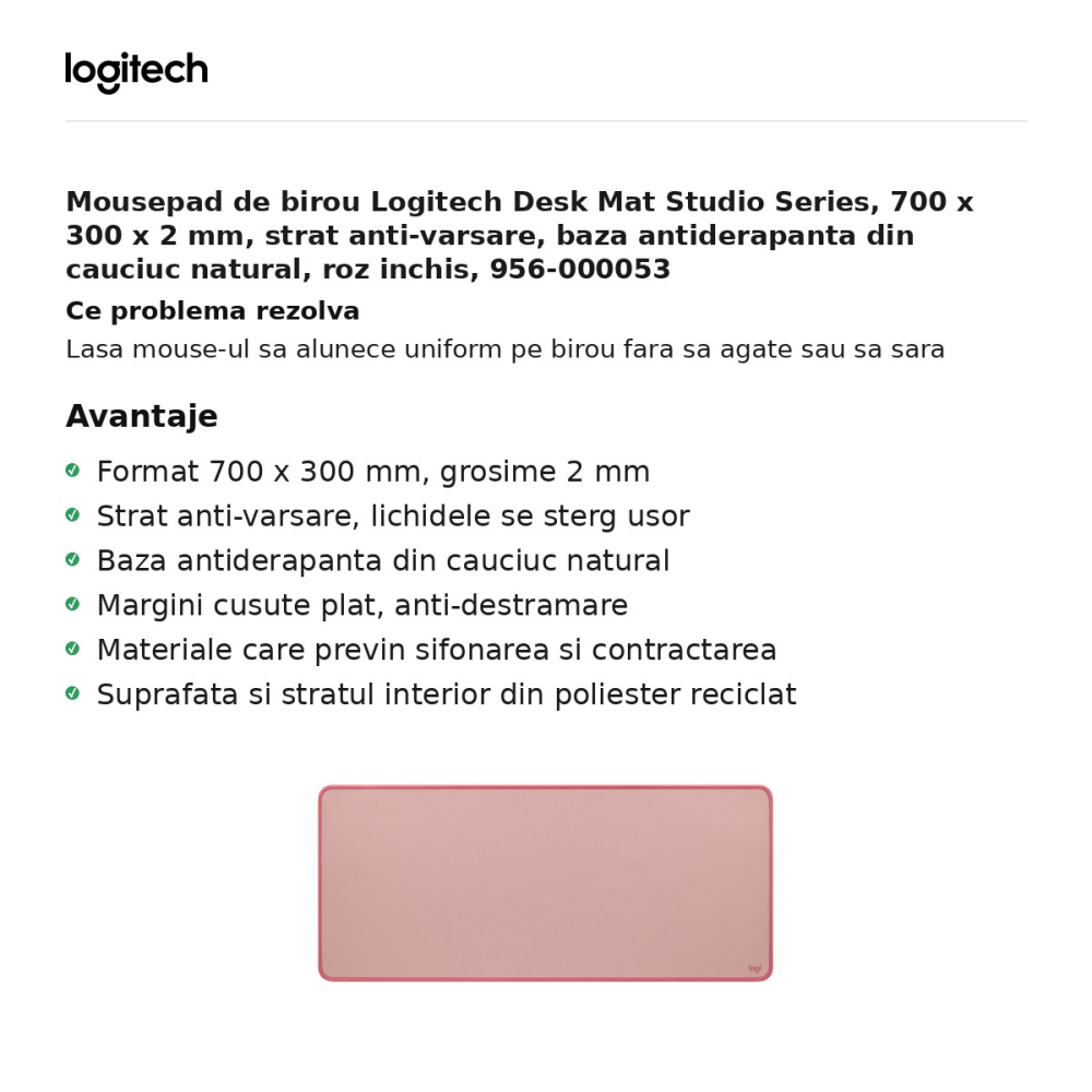 Mousepad de birou Logitech Desk Mat Studio Series, 700 x 300 x 2 mm, strat anti-varsare, baza antiderapanta din cauciuc natural, roz inchis, 956-000053 [2]