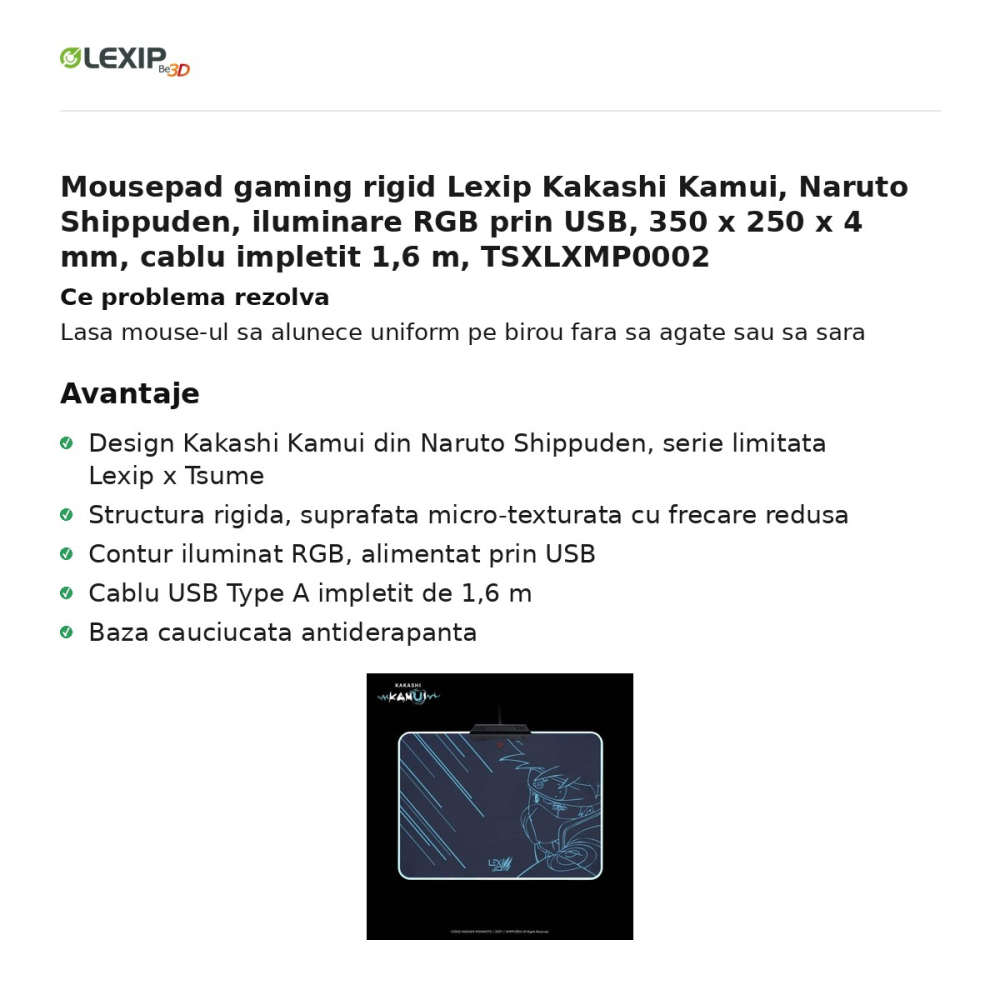 Mousepad gaming rigid Lexip Kakashi Kamui, Naruto Shippuden, iluminare RGB prin USB, 350 x 250 x 4 mm, cablu impletit 1,6 m, TSXLXMP0002 [2]