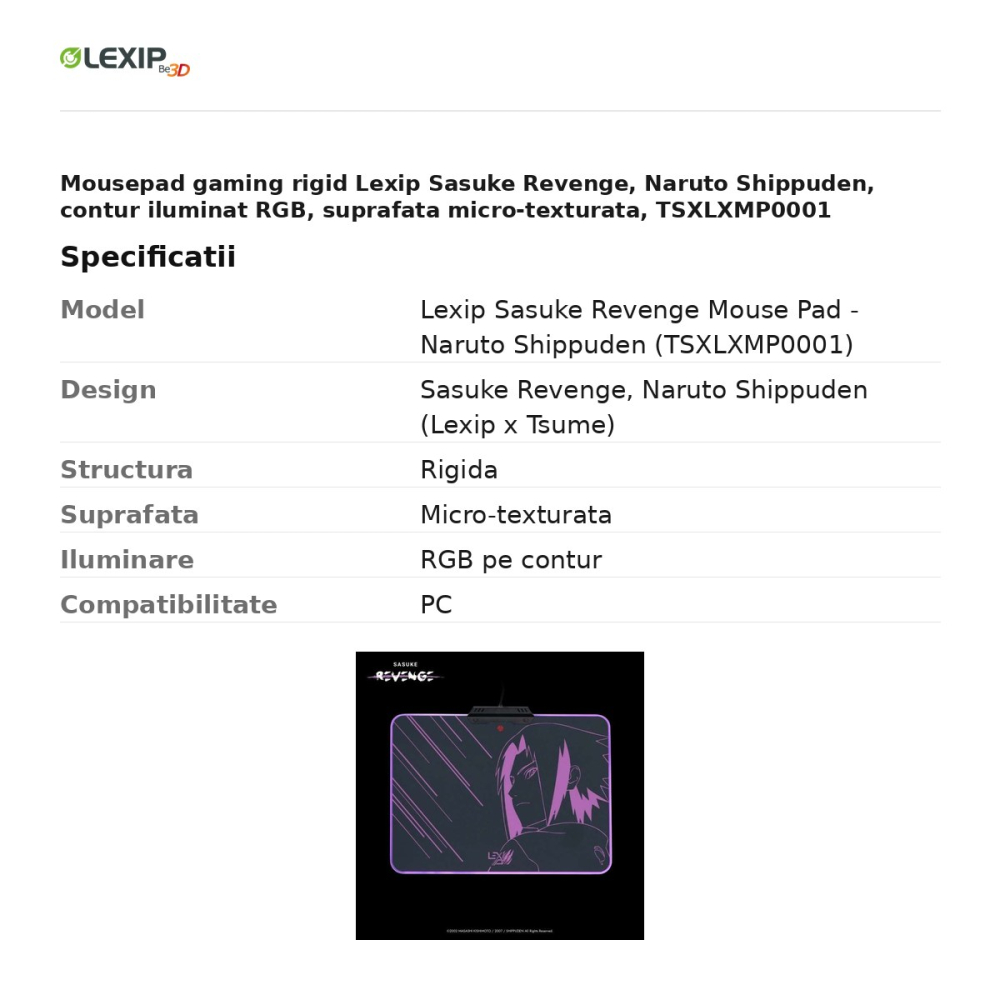 Mousepad gaming rigid Lexip Sasuke Revenge, Naruto Shippuden, contur iluminat RGB, suprafata micro-texturata, TSXLXMP0001 [3]