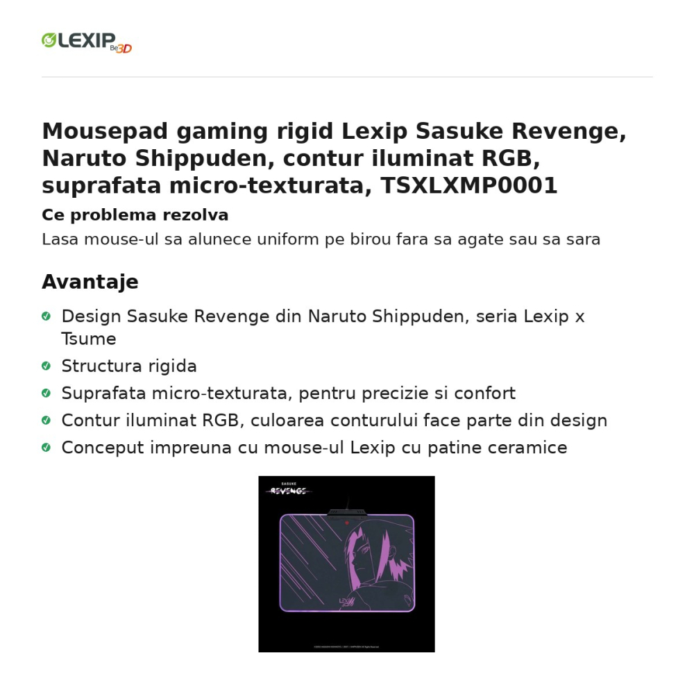Mousepad gaming rigid Lexip Sasuke Revenge, Naruto Shippuden, contur iluminat RGB, suprafata micro-texturata, TSXLXMP0001 [2]