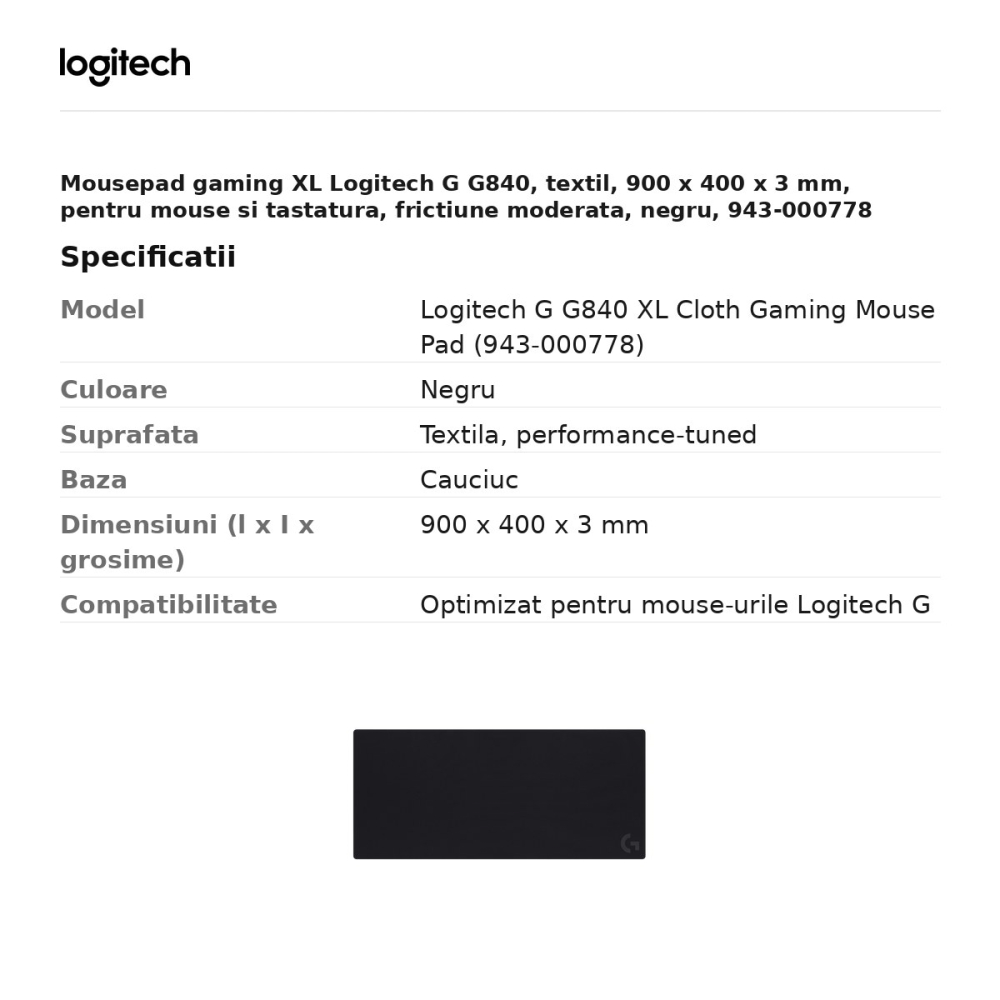 Mousepad gaming XL Logitech G G840, textil, 900 x 400 x 3 mm, pentru mouse si tastatura, frictiune moderata, negru, 943-000778 [3]