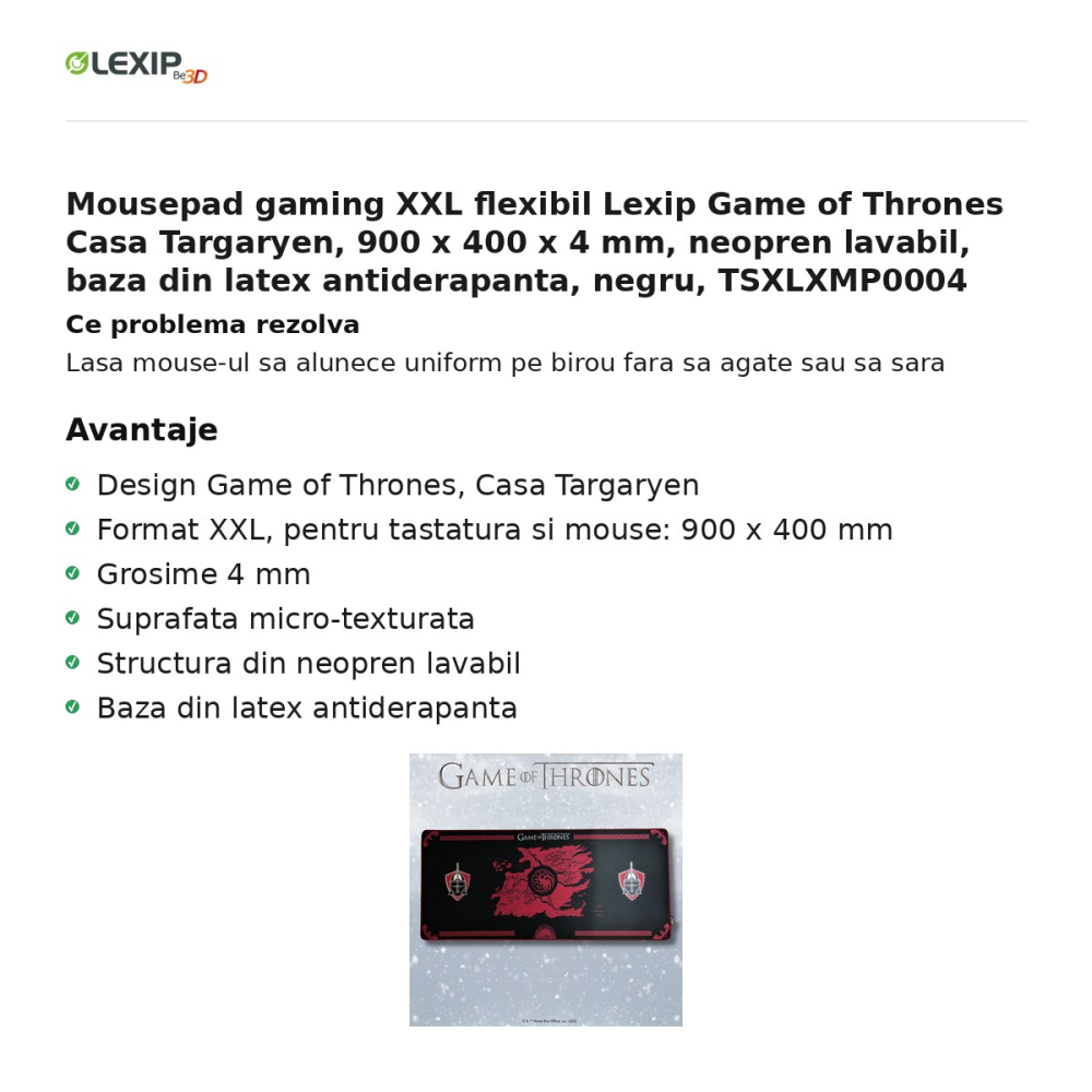 Mousepad gaming XXL flexibil Lexip Game of Thrones Casa Targaryen, 900 x 400 x 4 mm, neopren lavabil, baza din latex antiderapanta, negru, TSXLXMP0004 [2]