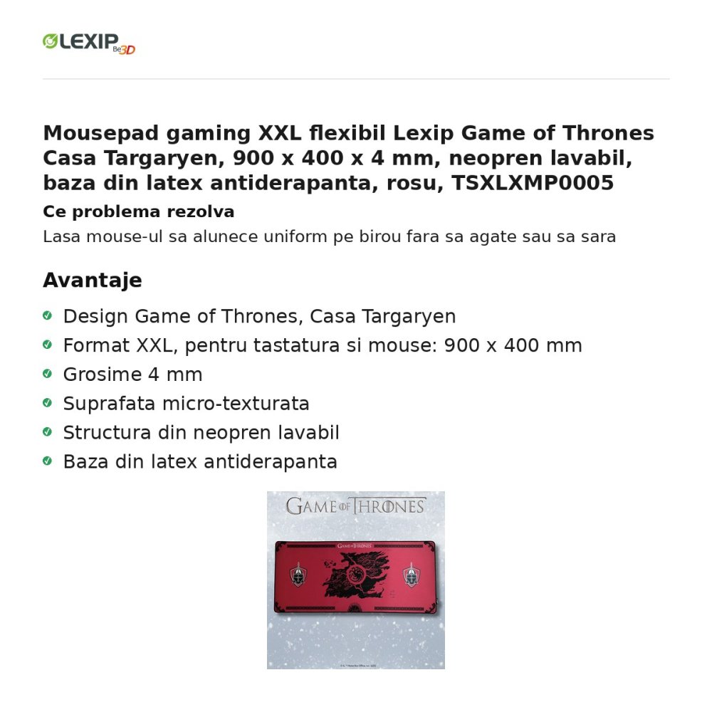 Mousepad gaming XXL flexibil Lexip Game of Thrones Casa Targaryen, 900 x 400 x 4 mm, neopren lavabil, baza din latex antiderapanta, rosu, TSXLXMP0005 [2]