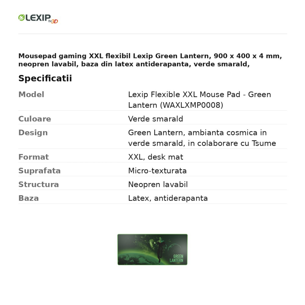 Mousepad gaming XXL flexibil Lexip Green Lantern, 900 x 400 x 4 mm, neopren lavabil, baza din latex antiderapanta, verde smarald, WAXLXMP0008 [3]