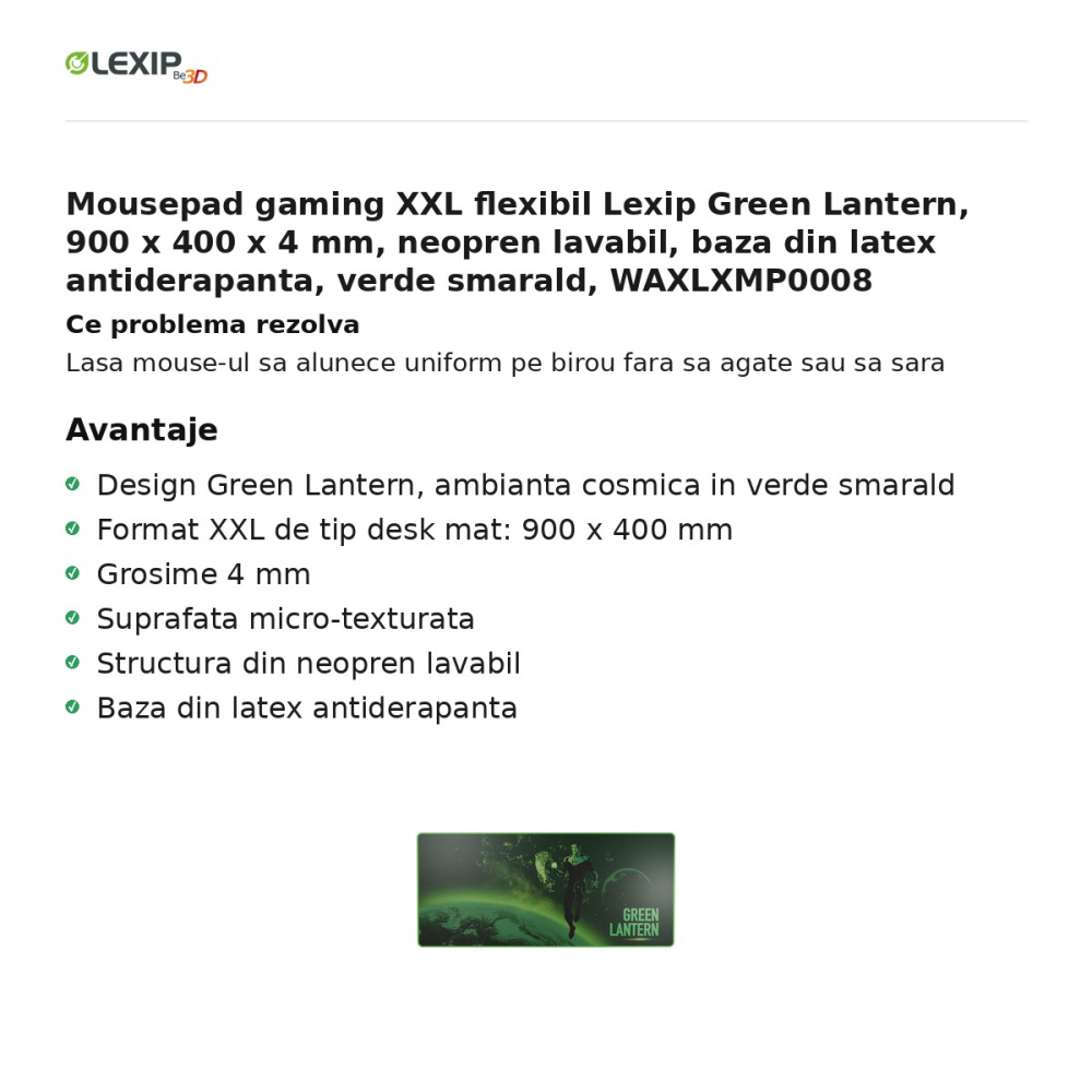 Mousepad gaming XXL flexibil Lexip Green Lantern, 900 x 400 x 4 mm, neopren lavabil, baza din latex antiderapanta, verde smarald, WAXLXMP0008 [2]