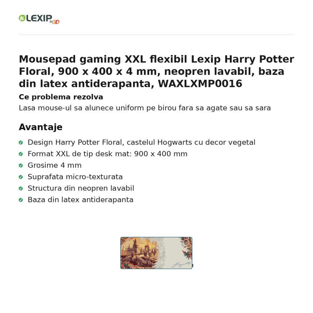 Mousepad gaming XXL flexibil Lexip Harry Potter Floral, 900 x 400 x 4 mm, neopren lavabil, baza din latex antiderapanta, WAXLXMP0016 [2]