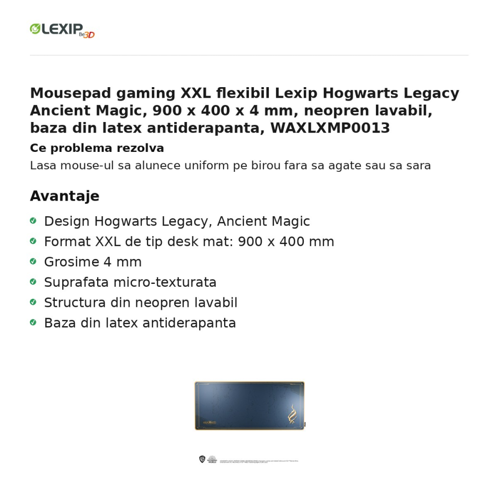 Mousepad gaming XXL flexibil Lexip Hogwarts Legacy Ancient Magic, 900 x 400 x 4 mm, neopren lavabil, baza din latex antiderapanta, WAXLXMP0013 [2]