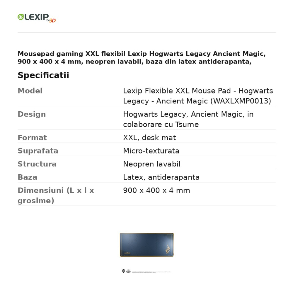 Mousepad gaming XXL flexibil Lexip Hogwarts Legacy Ancient Magic, 900 x 400 x 4 mm, neopren lavabil, baza din latex antiderapanta, WAXLXMP0013 [3]