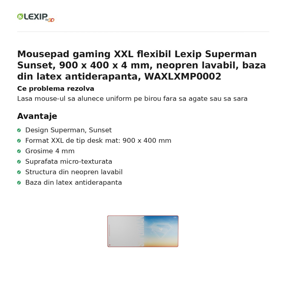 Mousepad gaming XXL flexibil Lexip Superman Sunset, 900 x 400 x 4 mm, neopren lavabil, baza din latex antiderapanta, WAXLXMP0002 [2]