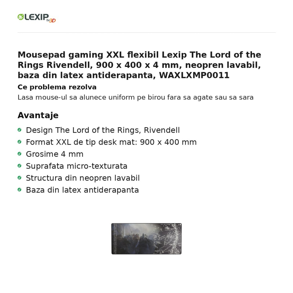 Mousepad gaming XXL flexibil Lexip The Lord of the Rings Rivendell, 900 x 400 x 4 mm, neopren lavabil, baza din latex antiderapanta, WAXLXMP0011 [2]
