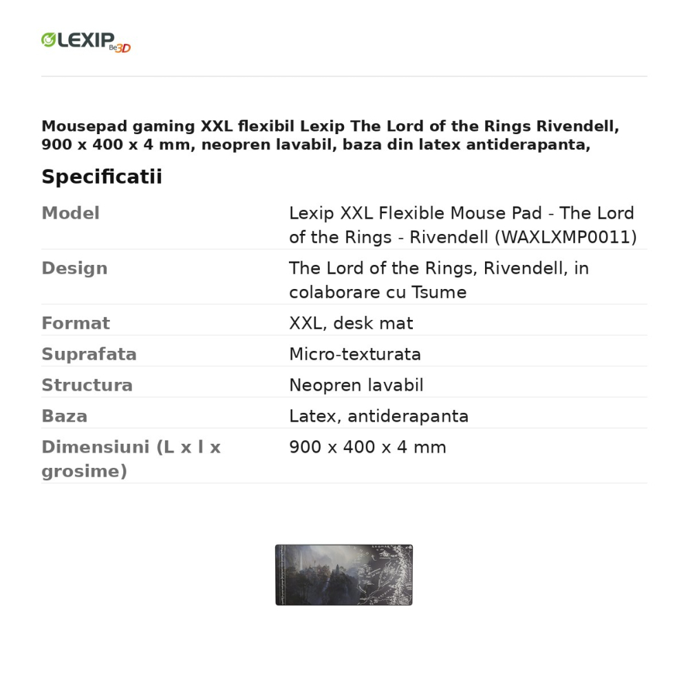 Mousepad gaming XXL flexibil Lexip The Lord of the Rings Rivendell, 900 x 400 x 4 mm, neopren lavabil, baza din latex antiderapanta, WAXLXMP0011 [3]