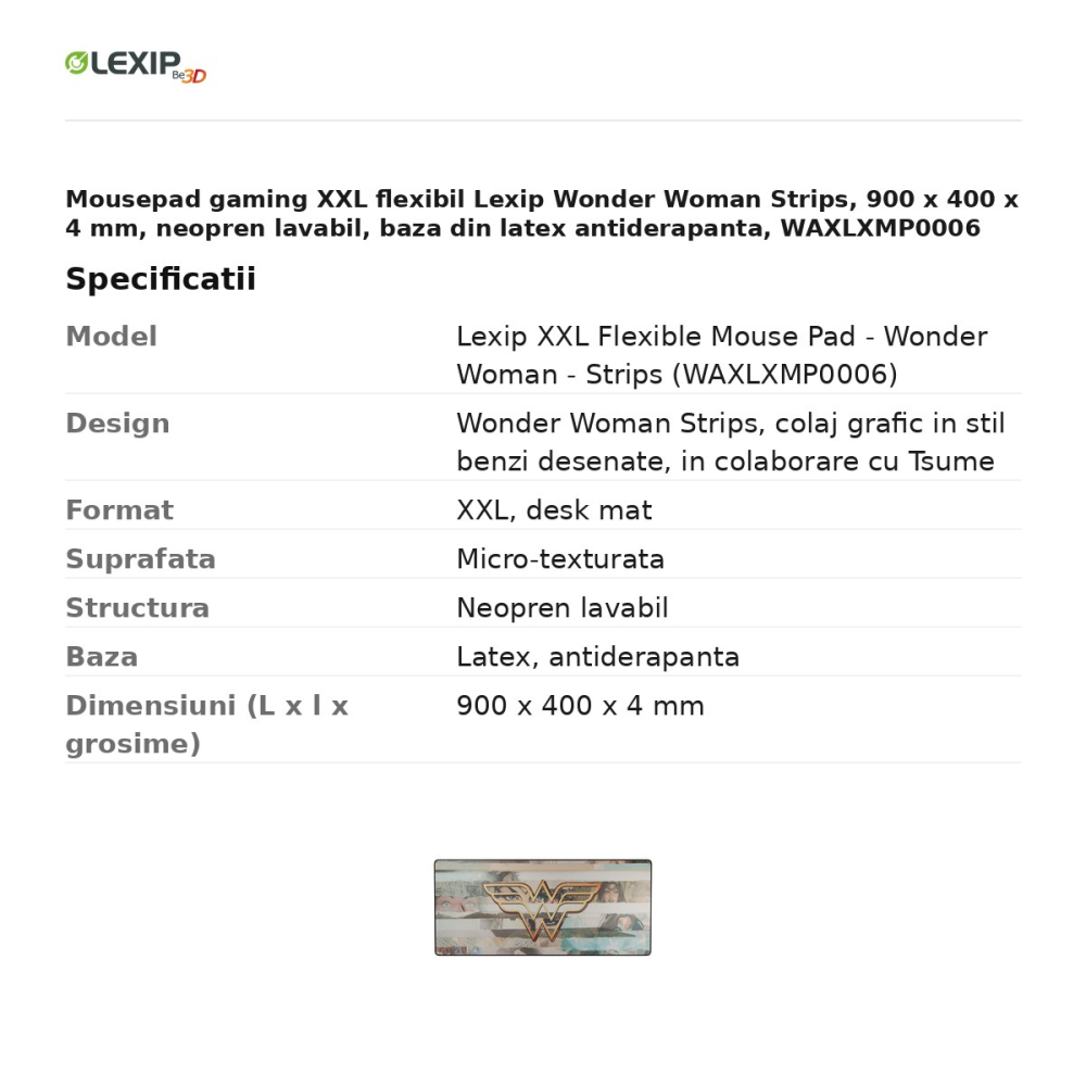 Mousepad gaming XXL flexibil Lexip Wonder Woman Strips, 900 x 400 x 4 mm, neopren lavabil, baza din latex antiderapanta, WAXLXMP0006 [3]