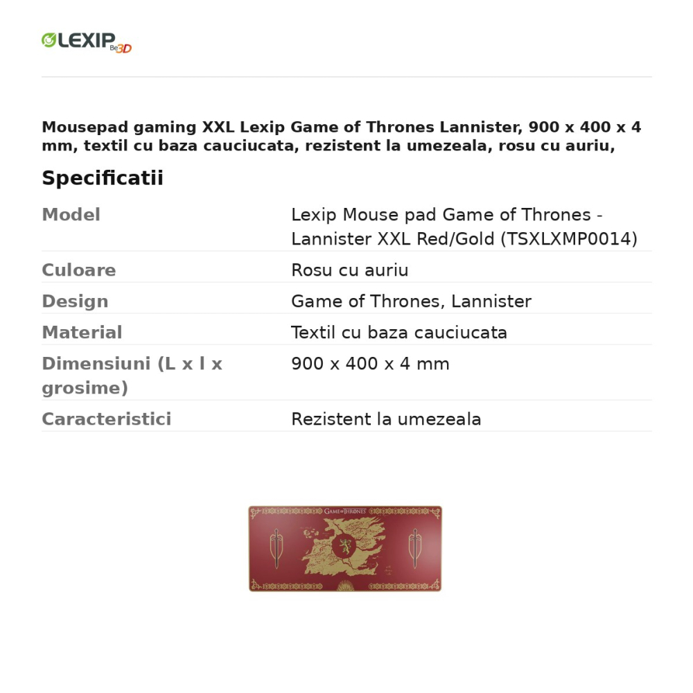 Mousepad gaming XXL Lexip Game of Thrones Lannister, 900 x 400 x 4 mm, textil cu baza cauciucata, rezistent la umezeala, rosu cu auriu, TSXLXMP0014 [3]