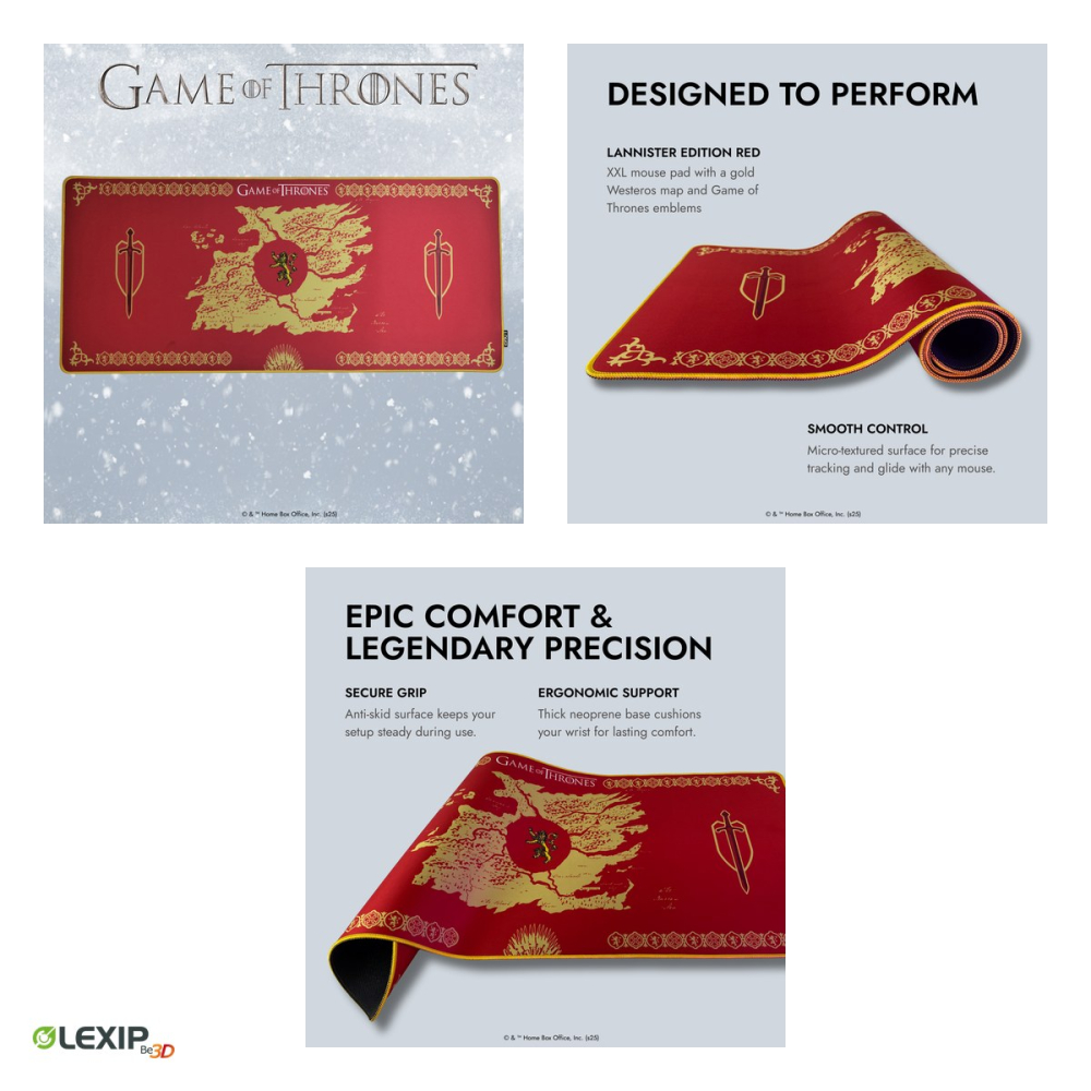 Mousepad gaming XXL Lexip Game of Thrones Lannister, 900 x 400 x 4 mm, textil cu baza cauciucata, rezistent la umezeala, rosu cu auriu, TSXLXMP0014 [4]