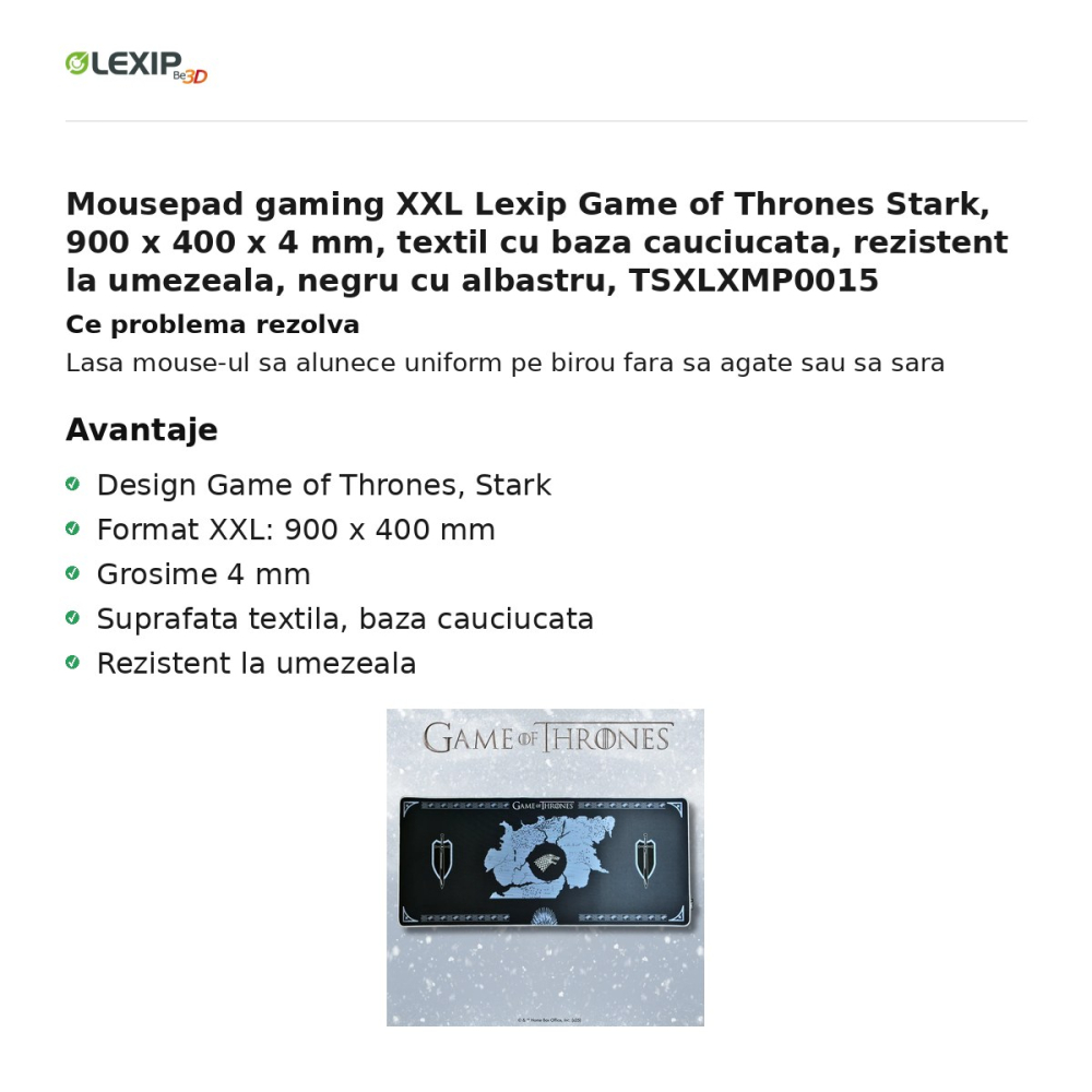 Mousepad gaming XXL Lexip Game of Thrones Stark, 900 x 400 x 4 mm, textil cu baza cauciucata, rezistent la umezeala, negru cu albastru, TSXLXMP0015 [2]