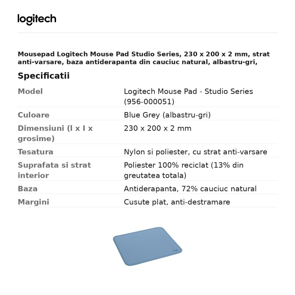 Mousepad Logitech Mouse Pad Studio Series, 230 x 200 x 2 mm, strat anti-varsare, baza antiderapanta din cauciuc natural, albastru-gri, 956-000051 [3]