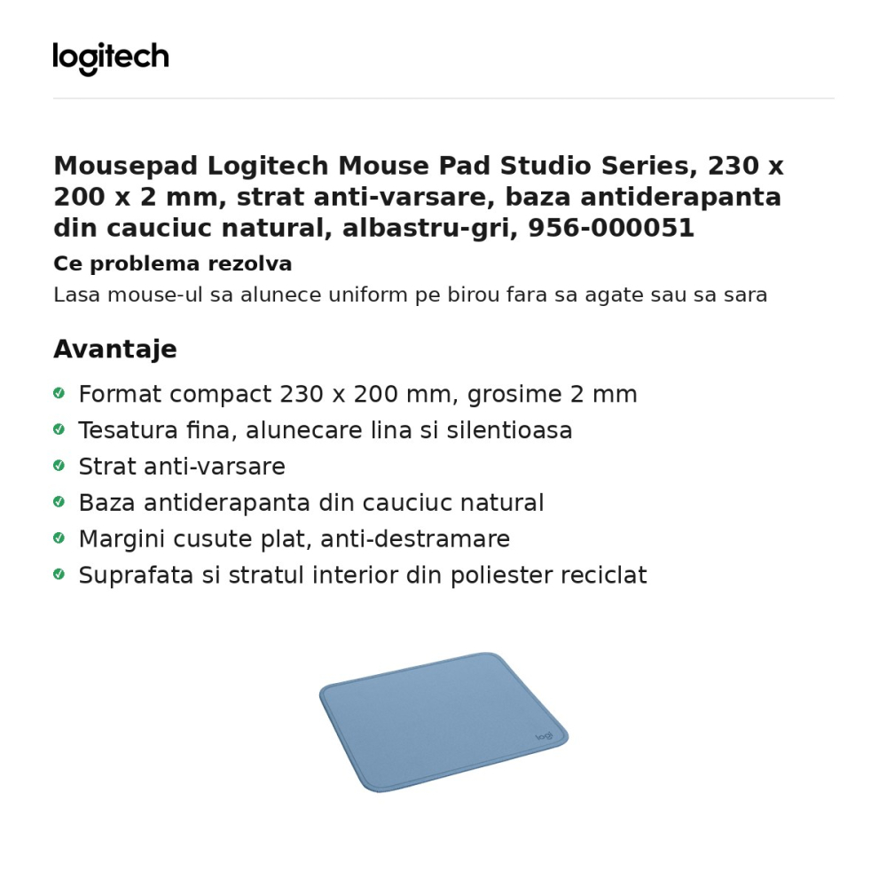 Mousepad Logitech Mouse Pad Studio Series, 230 x 200 x 2 mm, strat anti-varsare, baza antiderapanta din cauciuc natural, albastru-gri, 956-000051 [2]