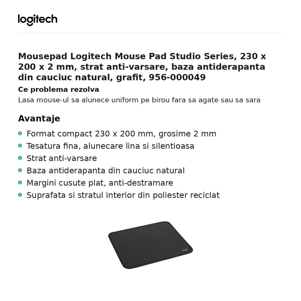 Mousepad Logitech Mouse Pad Studio Series, 230 x 200 x 2 mm, strat anti-varsare, baza antiderapanta din cauciuc natural, grafit, 956-000049 [2]