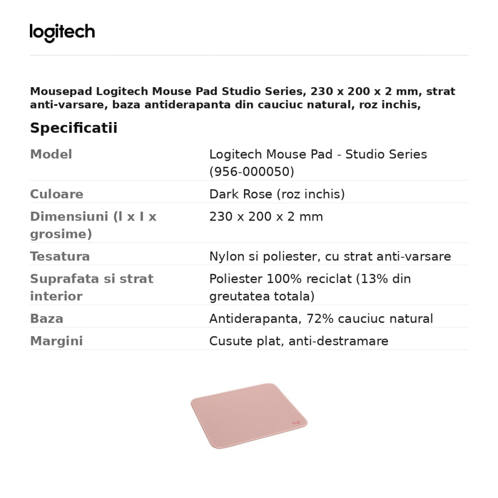 Mousepad Logitech Mouse Pad Studio Series, 230 x 200 x 2 mm, strat anti-varsare, baza antiderapanta din cauciuc natural, roz inchis, 956-000050 [3]