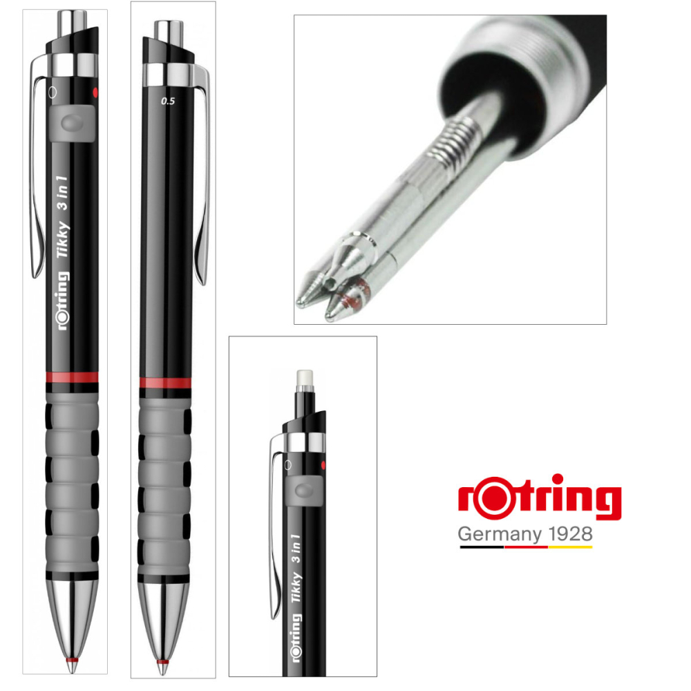 Multi-instrument Triopen Negru Tikky cu Sistem Gravitational, Creion Mecanic 0.5mm, Pix Albastru, Rosu si Radiera, Rotring [4]