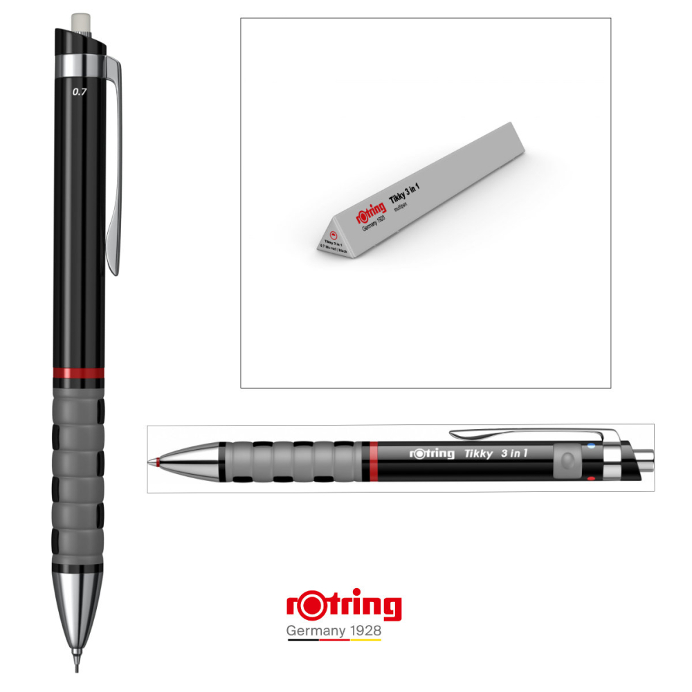 Multi-instrument Triopen Negru Tikky cu Sistem Gravitational, Creion Mecanic 0.7mm, Pix Albastru, Rosu si Radiera, Rotring [4]