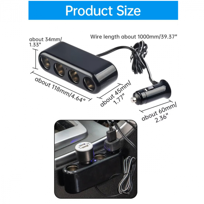 Multiplicator bricheta auto cu splitter 4 porturi, intrare curent DC 12-24V, cablu prelungitor 100cm, iesire curent 5V 1A, negru [3]