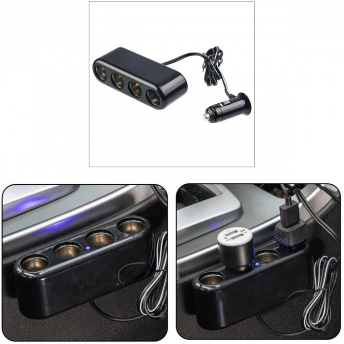 Multiplicator bricheta auto cu splitter 4 porturi, intrare curent DC 12-24V, cablu prelungitor 100cm, iesire curent 5V 1A, negru [2]