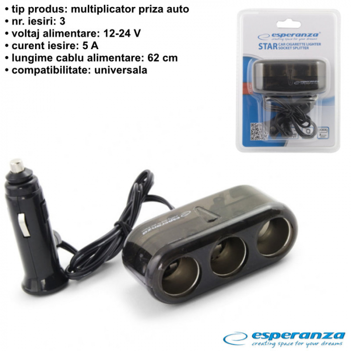 Multiplicator bricheta auto Esperanza EZ126 91157, splitter cu 3 porturi, cablu de 62cm, 12-24V, 5A negru [6]