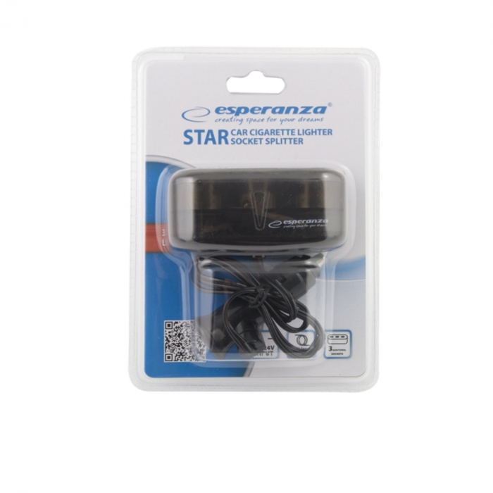 Multiplicator bricheta auto Esperanza EZ126 91157, splitter cu 3 porturi, cablu de 62cm, 12-24V, 5A negru [5]