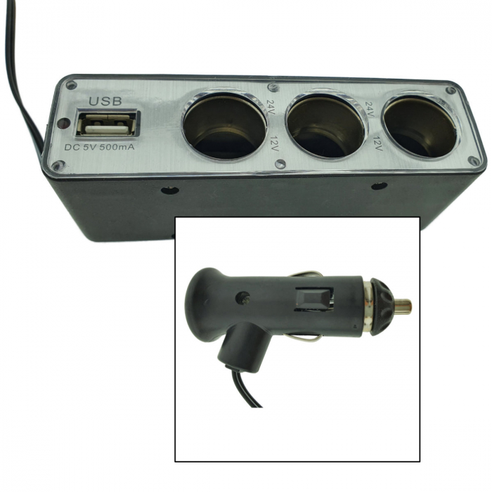 Multiplicator bricheta auto WF-0096, cu splitter 3 porturi, prelungitor 50 cm, 12V si 5V USB, negru-argintiu [4]