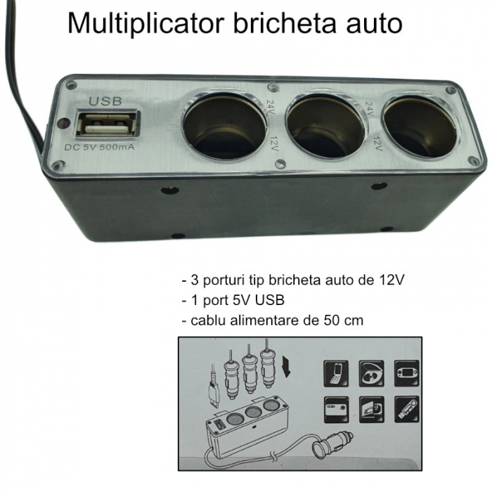 Multiplicator bricheta auto WF-0096, cu splitter 3 porturi, prelungitor 50 cm, 12V si 5V USB, negru-argintiu [6]