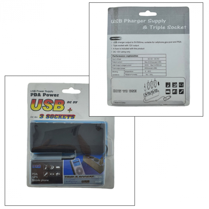Multiplicator bricheta auto WF-0096, cu splitter 3 porturi, prelungitor 50 cm, 12V si 5V USB, negru-argintiu [5]