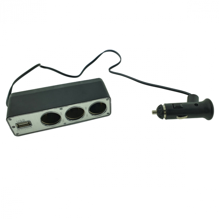 Multiplicator bricheta auto WF-0096, cu splitter 3 porturi, prelungitor 50 cm, 12V si 5V USB, negru-argintiu [2]