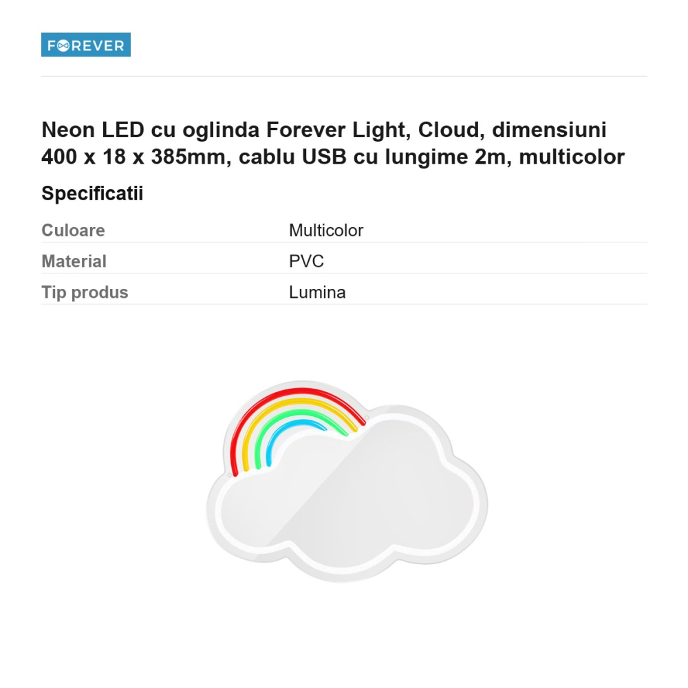 Neon LED cu oglinda Forever Light, Cloud, dimensiuni 400 x 18 x 385mm, cablu USB cu lungime 2m, multicolor [3]