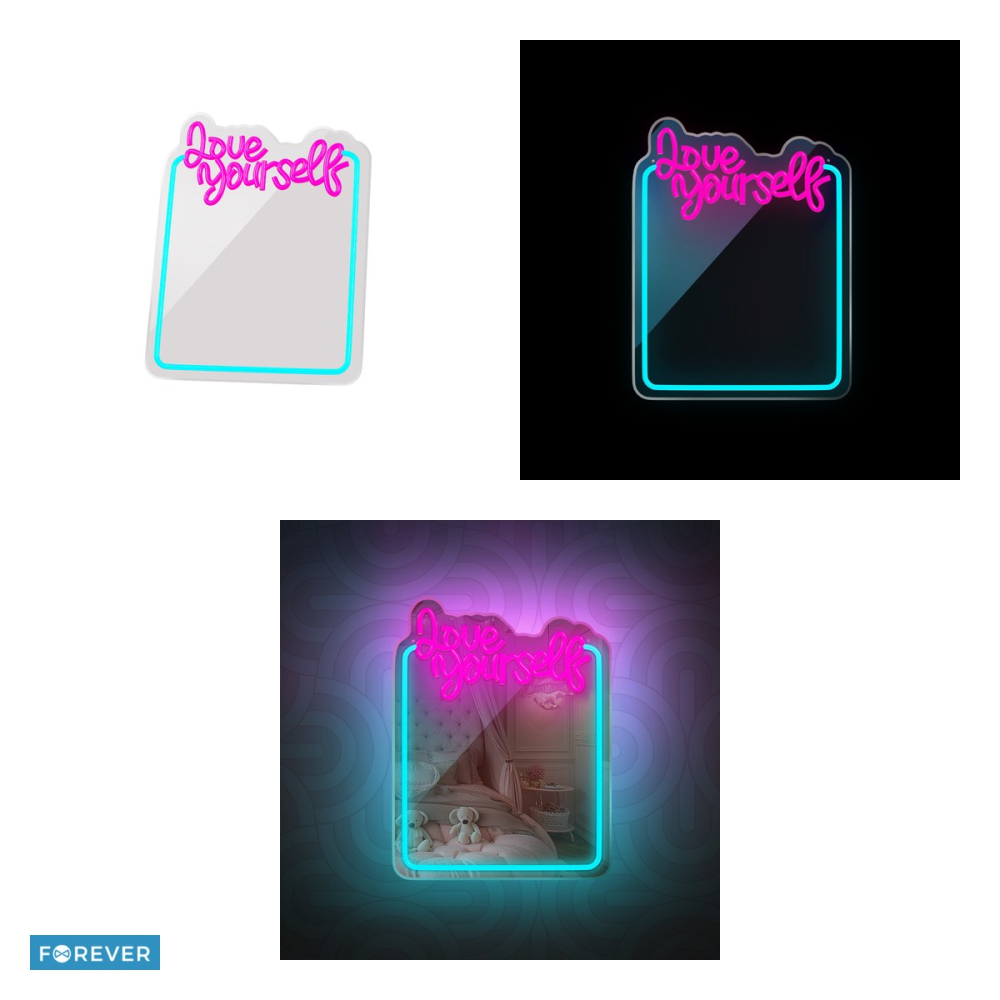 Neon LED cu oglinda Forever Light, Love Yourself, dimensiuni 345 x 18 x 440mm, turcoaz roz, cablu USB cu lungime 2m [4]