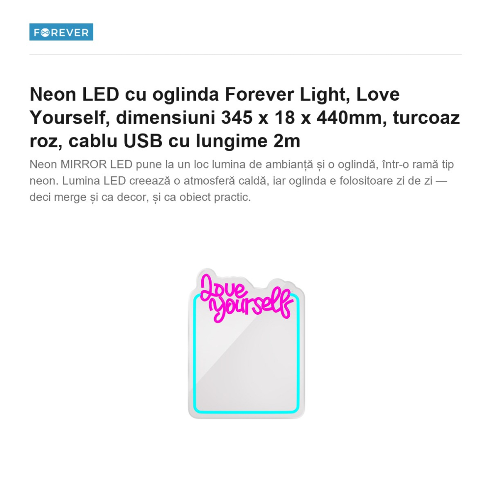 Neon LED cu oglinda Forever Light, Love Yourself, dimensiuni 345 x 18 x 440mm, turcoaz roz, cablu USB cu lungime 2m [2]